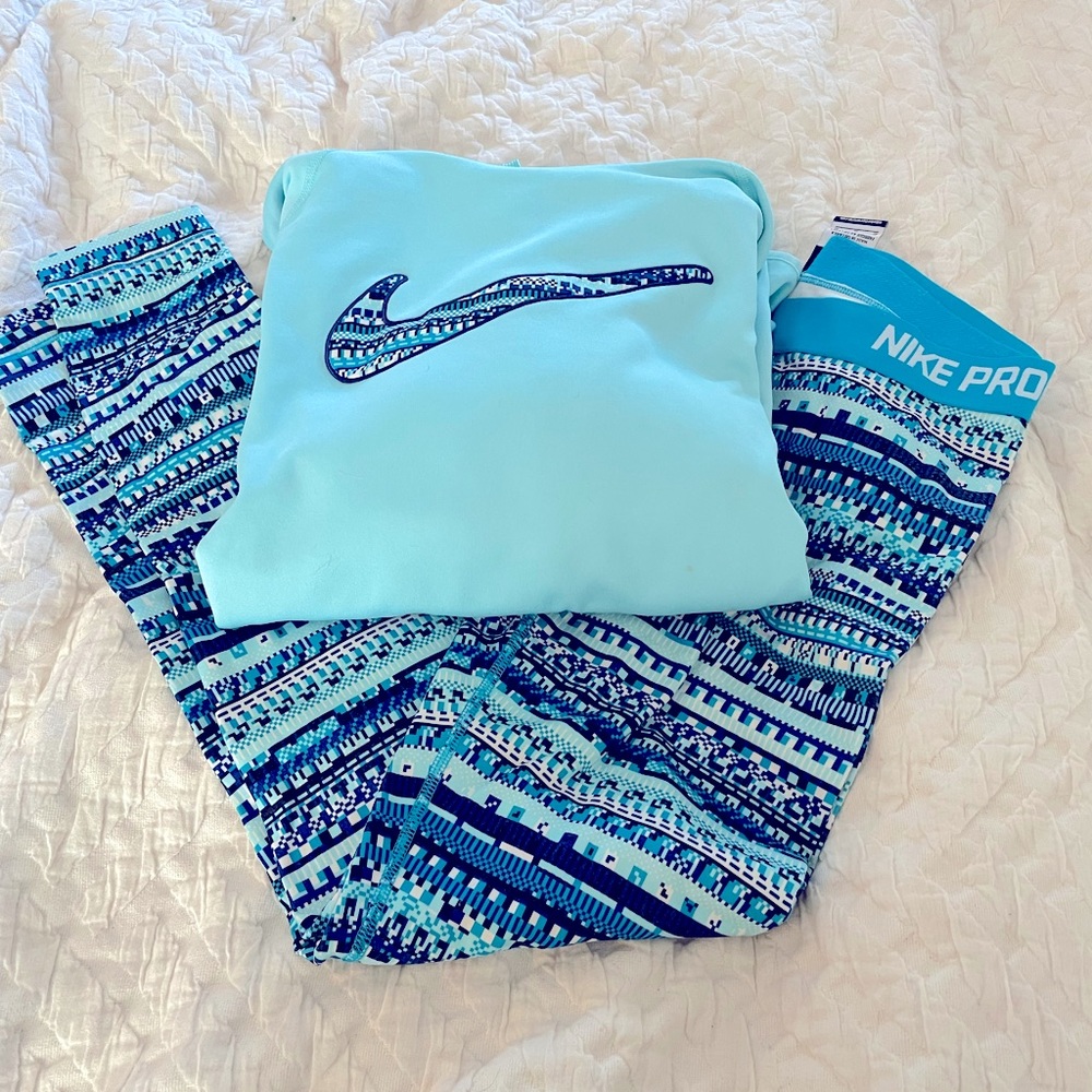 NIKE PRO Therma Fit blue leggings and hoodie set M